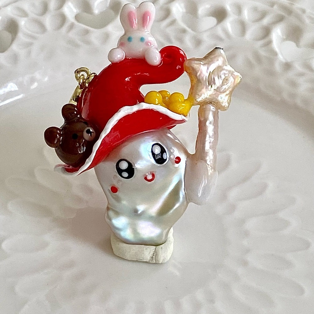 P231-Handmade Flameball Pearl Cutie With Bunny And Bear Detachable Pendant